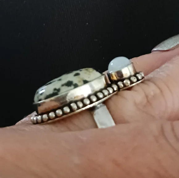 Dalmation Jasper and Moonstone, Sterling Plated, Size 7 - Picture 3 of 5